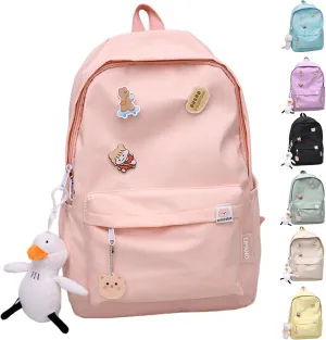 Aesthetic Backpack, Large Capacity Lightweight Casual Daypack, Cute Oxford Frabic Mochila with Pendant (Pink)
