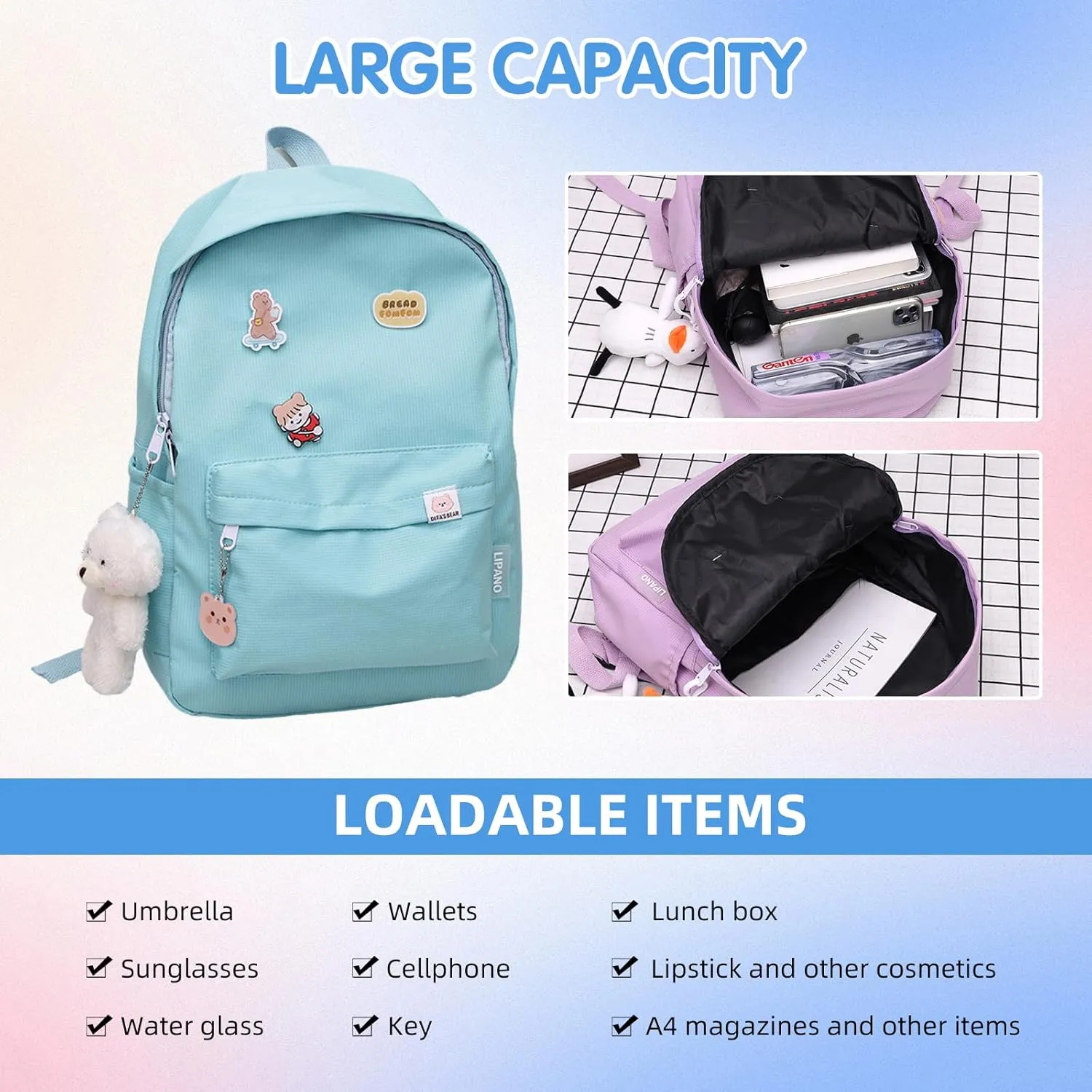 Aesthetic Backpack, Large Capacity Lightweight Casual Daypack, Cute Oxford Frabic Mochila with Pendant (Pink)