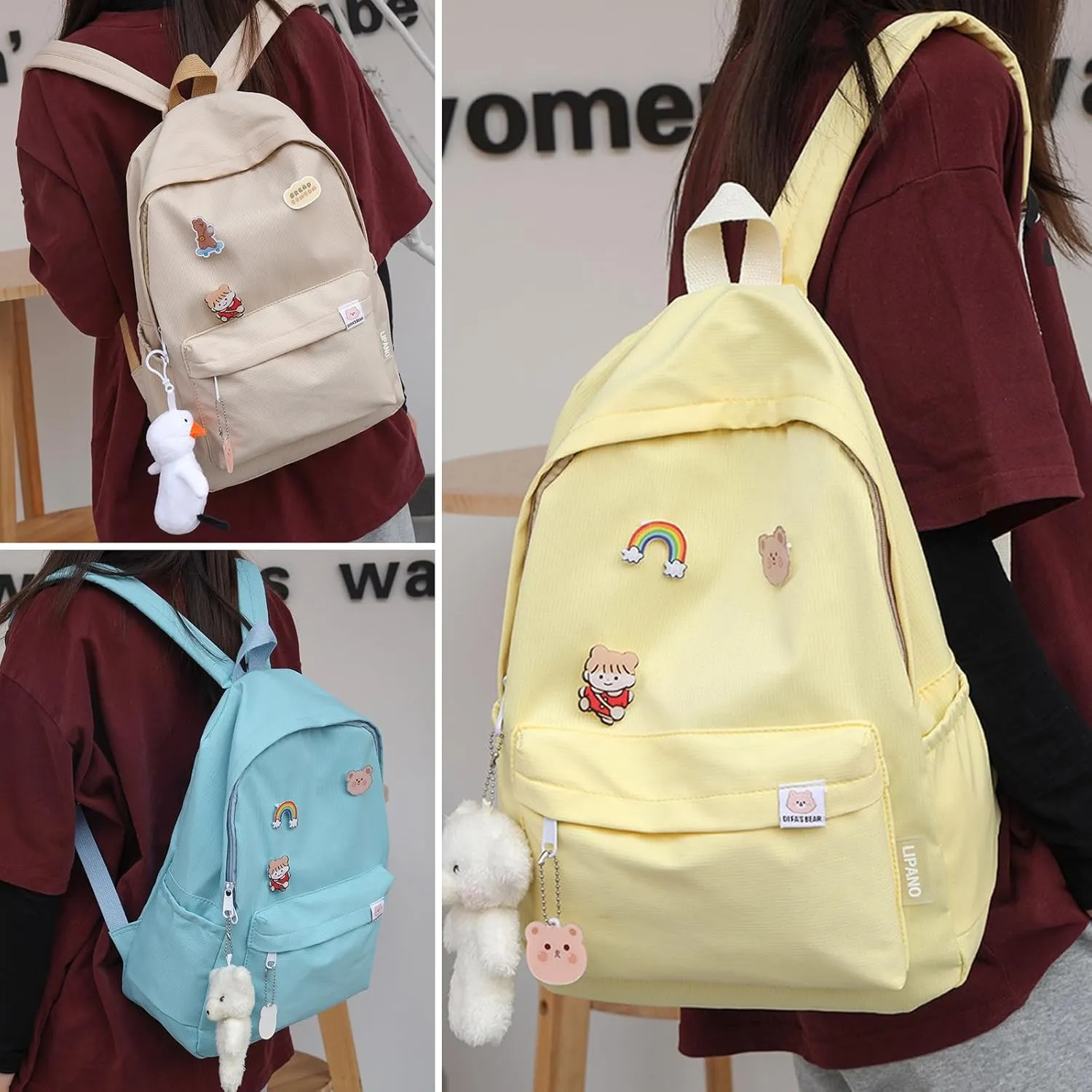 Aesthetic Backpack, Large Capacity Lightweight Casual Daypack, Cute Oxford Frabic Mochila with Pendant (Pink)