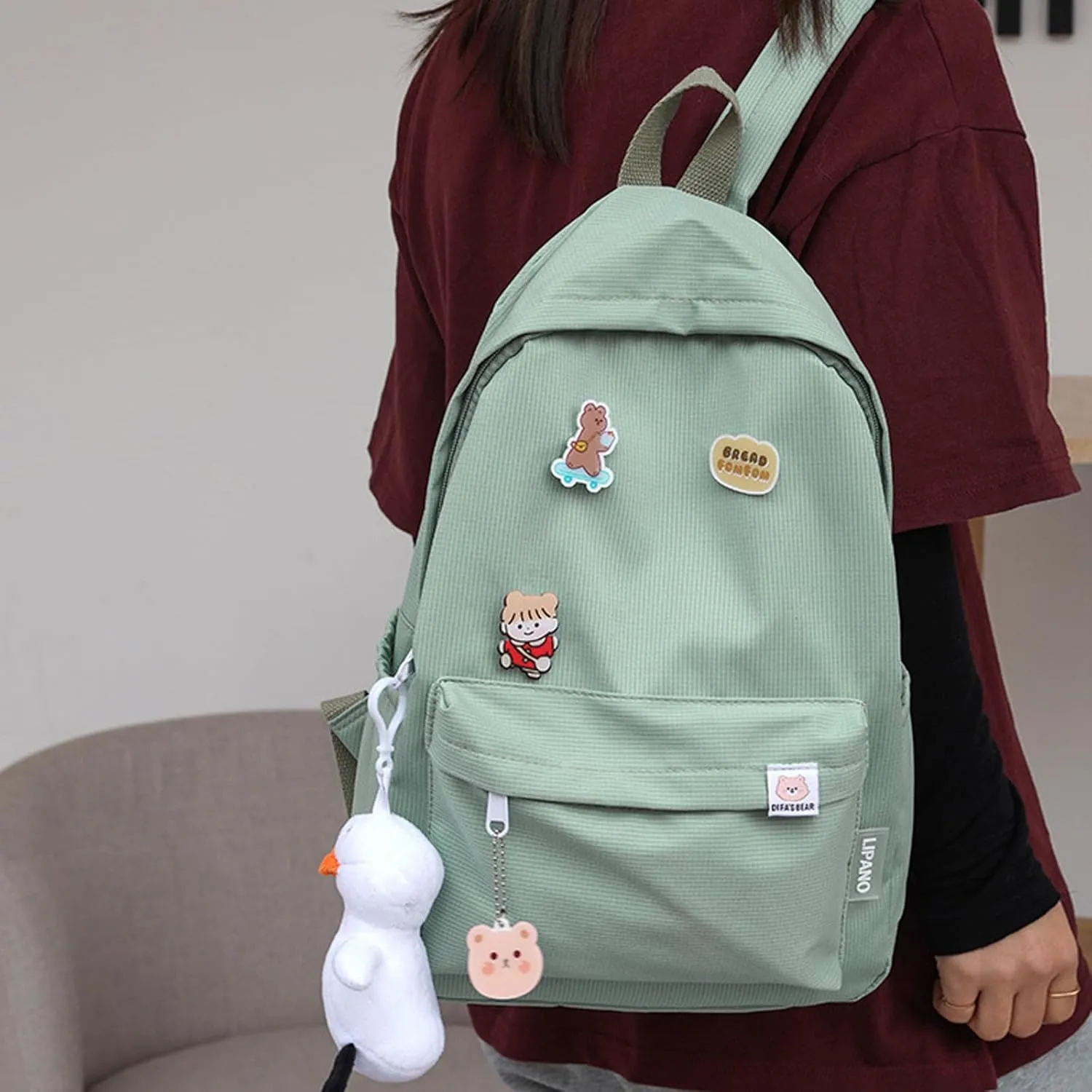 Aesthetic Backpack, Large Capacity Lightweight Casual Daypack, Cute Oxford Frabic Mochila with Pendant (Pink)