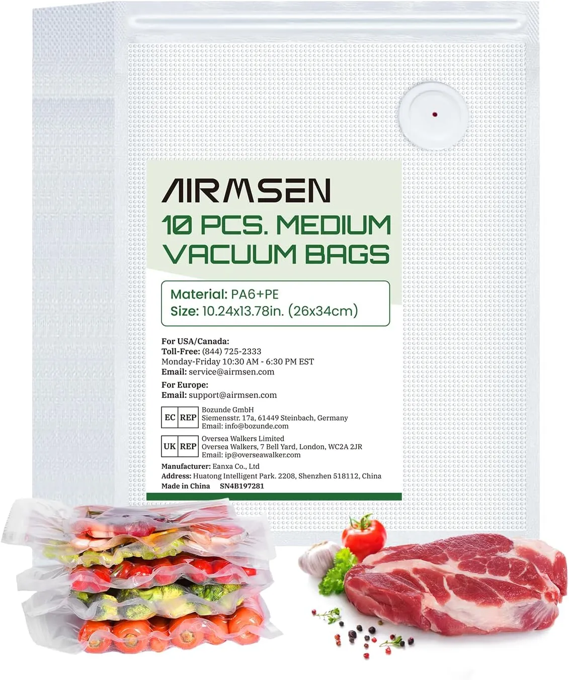 AIRMSEN Reusable Vacuum Sealer Bags 10 PCS - Fits AIRMSEN, Chef, FoodSaver and Most Handheld Sealers - BPA Free Food Saver Bags for Meal Prep, Sous Vide, Marinator - 5L (13.8"x 11.8")