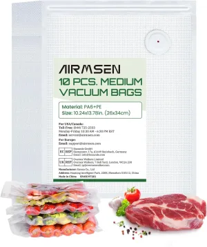 AIRMSEN Reusable Vacuum Sealer Bags 10 PCS - Fits AIRMSEN, Chef, FoodSaver and Most Handheld Sealers - BPA Free Food Saver Bags for Meal Prep, Sous Vide, Marinator - 5L (13.8"x 11.8")