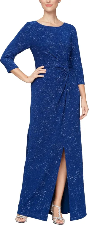 Alex Evenings Women's Long Stretchy 3/4 Sleeve Knot Front Column Dress