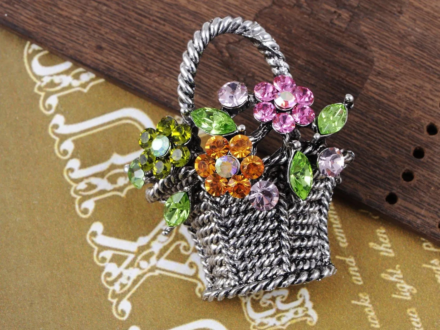 Alilang Silvery Tone Shine Colorful Rhinestones Spring Floral Basket Brooch Pin