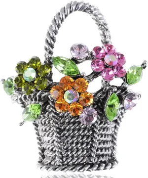 Alilang Silvery Tone Shine Colorful Rhinestones Spring Floral Basket Brooch Pin