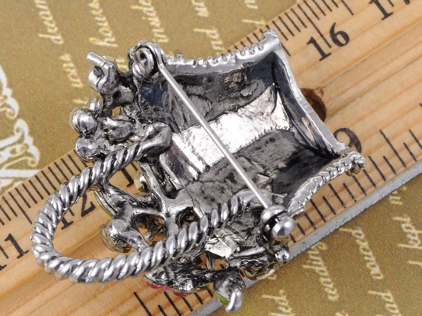 Alilang Silvery Tone Shine Colorful Rhinestones Spring Floral Basket Brooch Pin