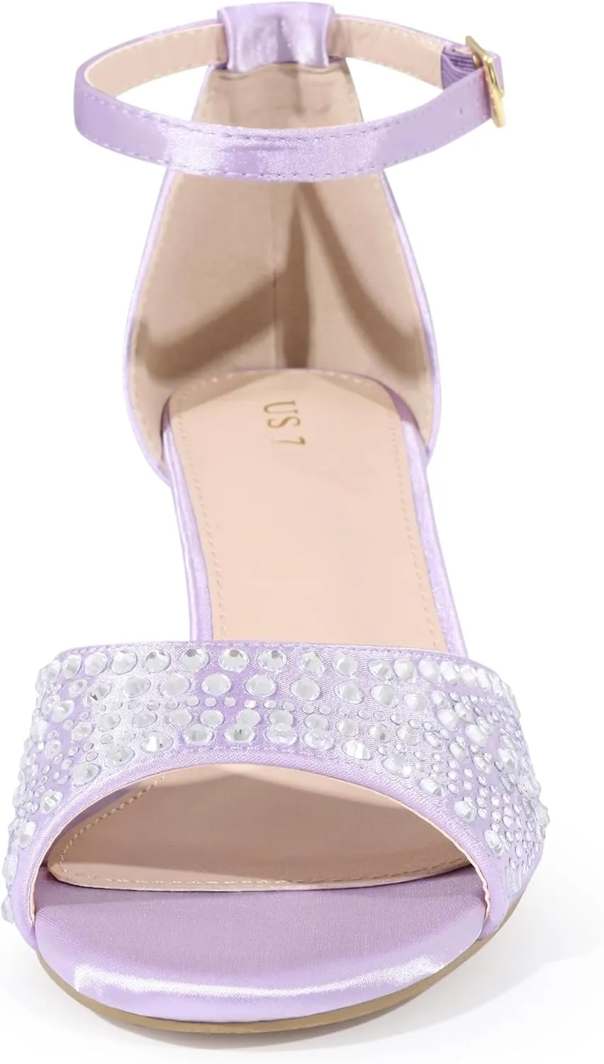 Allegra K Women's Rhinestone Satin Ankle Strap Kitten Heels Sandals