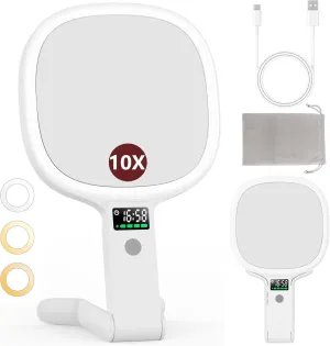 Alovely Travel Makeup Mirror with Light, Double Sided 10X Magnifying Mirror with Light, Rechargeable Portable Lighted Beauty Mirror, 3 Color Lighting Dimmable Touch Screen,Tabletop Handhold Hanging