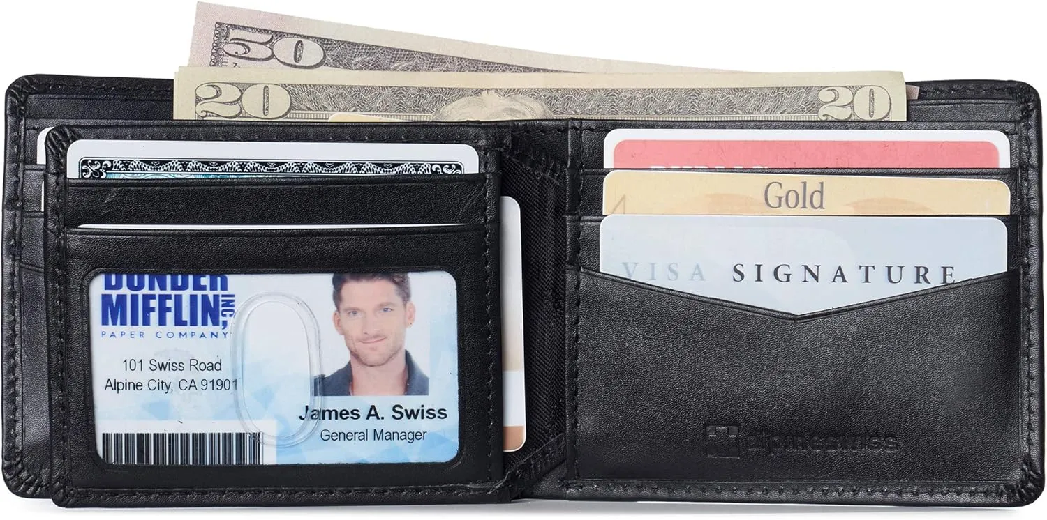 Alpine Swiss Mens Nolan Bifold Commuter Wallet Cowhide Leather RFID Safe Comes in a Gift Box