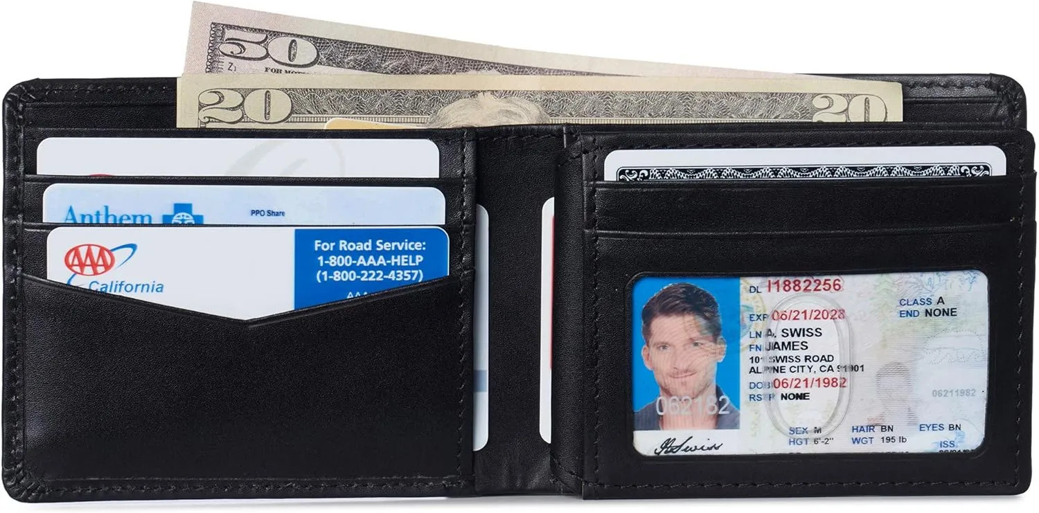 Alpine Swiss Mens Nolan Bifold Commuter Wallet Cowhide Leather RFID Safe Comes in a Gift Box