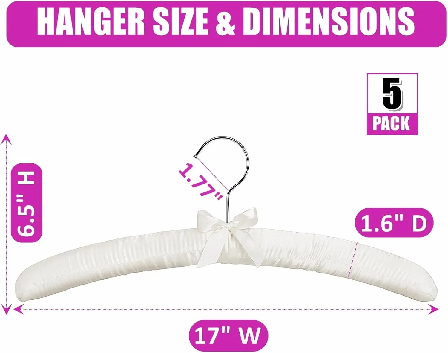Amber Home 5 Pack 17 Inch Large Ivory Satin Padded Hangers for Women Clothing, Anti Slip Cushioned Hangers for Sweaters, Silk Hangers Fancy Dress Hangers for Wedding, Delicate Cashmere