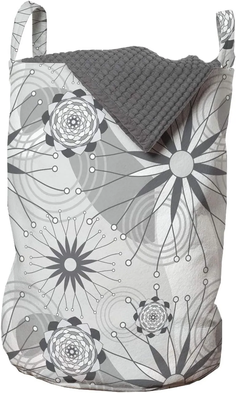 Ambesonne Abstract Laundry Bag, Modern Surreal Interpretation of Geometrical and Concentric Flower Designs, Hamper Basket with Handles Drawstring Closure for Laundromats, 13" x 19", Grey and White