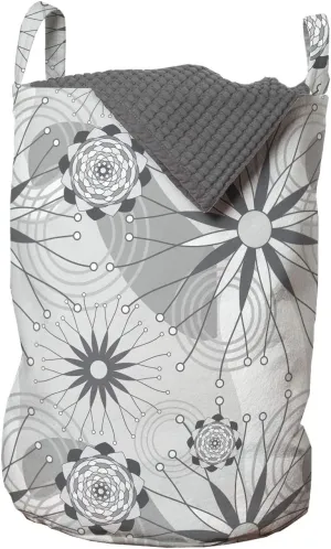 Ambesonne Abstract Laundry Bag, Modern Surreal Interpretation of Geometrical and Concentric Flower Designs, Hamper Basket with Handles Drawstring Closure for Laundromats, 13" x 19", Grey and White
