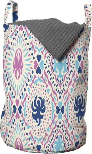Ambesonne Abstract Laundry Bag, Ornamental Hearts and Polka Dots Dashes Arching Streaks, Hamper Basket with Handles Drawstring Closure for Laundromats, 13" x 19", Sky Blue Pink