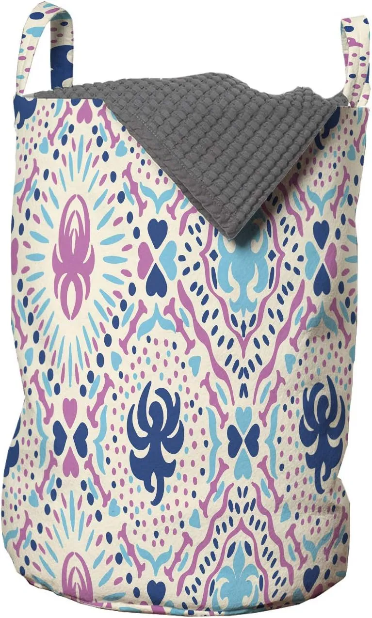 Ambesonne Abstract Laundry Bag, Ornamental Hearts and Polka Dots Dashes Arching Streaks, Hamper Basket with Handles Drawstring Closure for Laundromats, 13" x 19", Sky Blue Pink