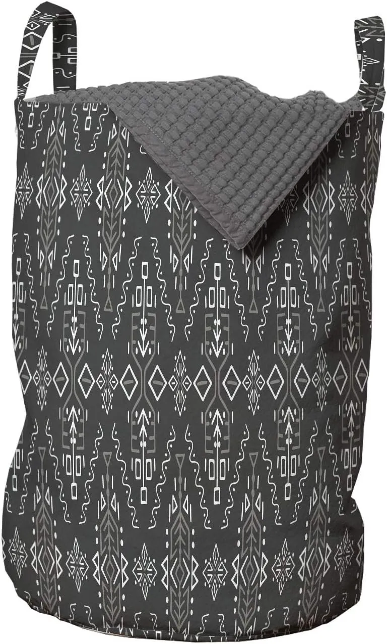 Ambesonne Abstract Laundry Bag, Rhythmic African Style Ethnic Motif and Lines Arrangement Illustration Print, Hamper Basket with Handles Drawstring Closure for Laundromats, 13" x 19", Dark Grey White