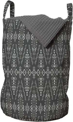 Ambesonne Abstract Laundry Bag, Rhythmic African Style Ethnic Motif and Lines Arrangement Illustration Print, Hamper Basket with Handles Drawstring Closure for Laundromats, 13" x 19", Dark Grey White