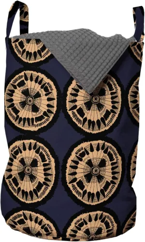 Ambesonne Abstract Laundry Bag, Rhythmic Ethnic Circles Motifs Woodcut Look Modern Illustration Print, Hamper Basket with Handles Drawstring Closure for Laundromats, 13" x 19", Dark Night Blue Peach