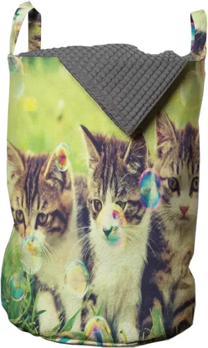 Ambesonne Animal Laundry Bag, Photo of 3 Little Kittens Playing on The Grass Soap Bubbles Spring Season, Hamper Basket with Handle Drawstring Closure for Laundromats, 13" x 19", Apple Green and Cream