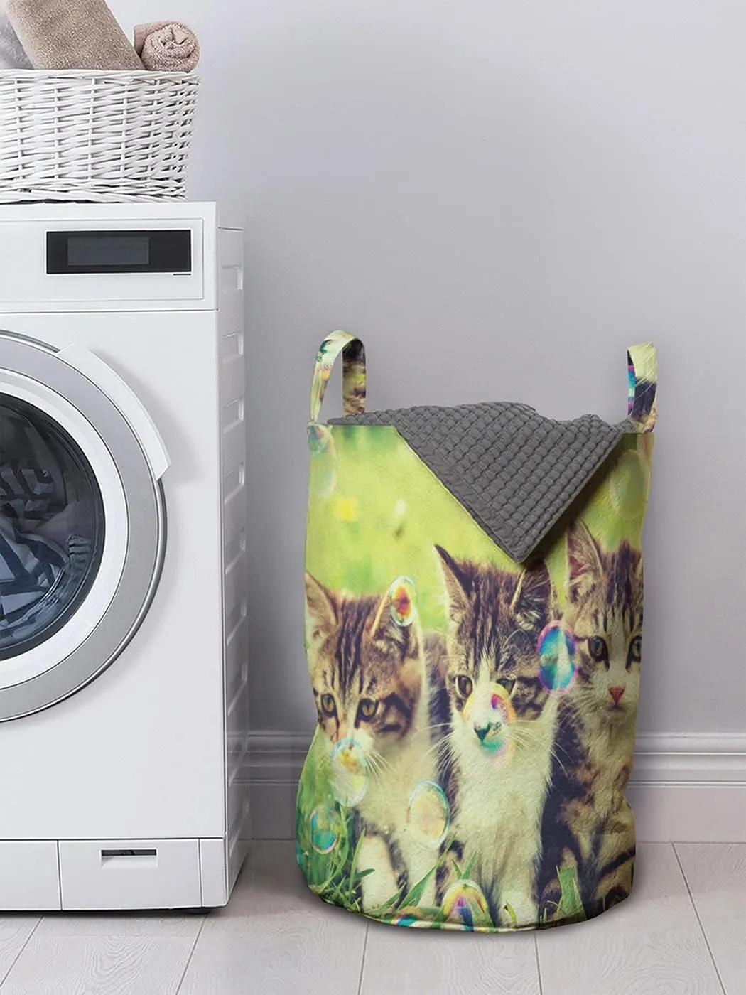 Ambesonne Animal Laundry Bag, Photo of 3 Little Kittens Playing on The Grass Soap Bubbles Spring Season, Hamper Basket with Handle Drawstring Closure for Laundromats, 13" x 19", Apple Green and Cream