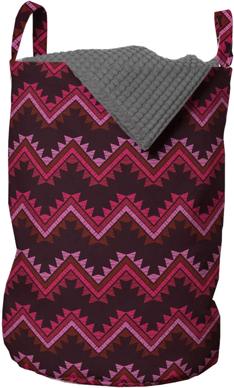 Ambesonne Aztec Laundry Bag, Prehistoric Ornaments Chevron Pattern in Warm Tones Print, Hamper Basket with Handles Drawstring Closure for Laundromats, 13" x 19", Maroon Multicolor