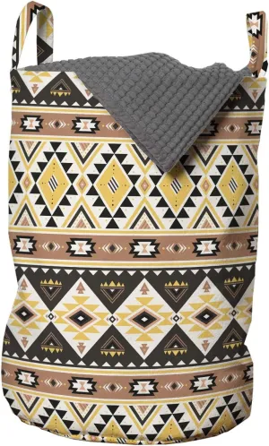 Ambesonne Aztec Laundry Bag, Rhythmic Geometric Lines and Triangles in Mexican Style Illustration, Hamper Basket with Handles Drawstring Closure for Laundromats, 13" x 19", Mustard Cocoa