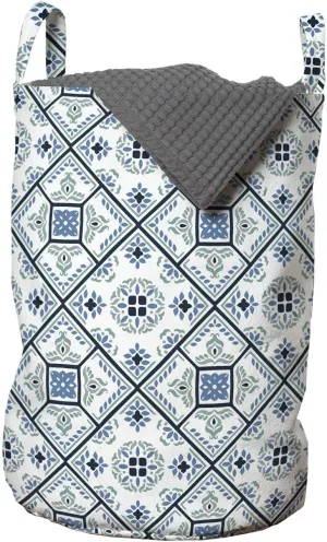 Ambesonne Azulejos Laundry Bag, Bluish Traditional Floral Motifs in Rhombus Shapes Mediterranean Ethnic Ornaments, Hamper Basket with Handles Drawstring Closure for Laundromats, 13" x 19", Blue