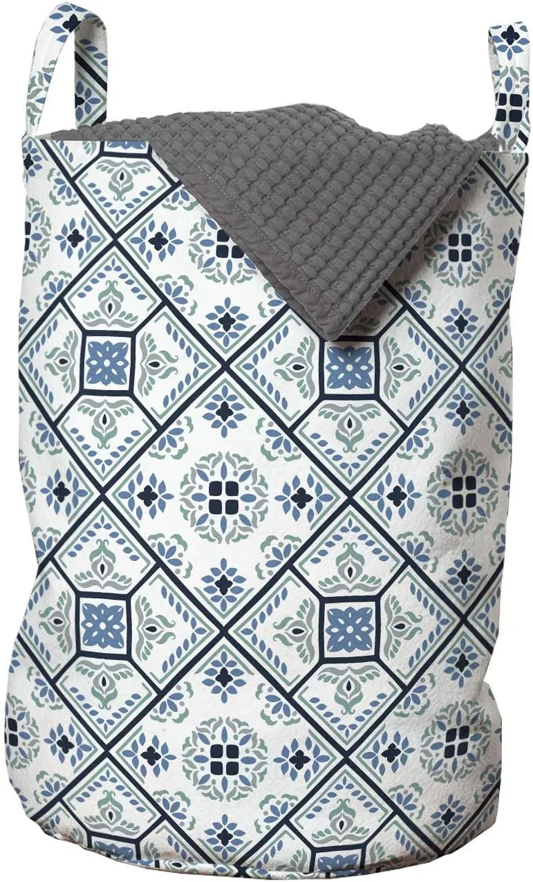 Ambesonne Azulejos Laundry Bag, Bluish Traditional Floral Motifs in Rhombus Shapes Mediterranean Ethnic Ornaments, Hamper Basket with Handles Drawstring Closure for Laundromats, 13" x 19", Blue