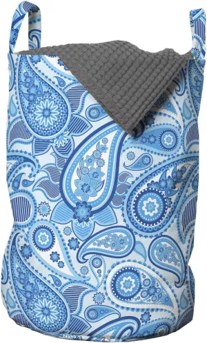 Ambesonne Blue Paisley Laundry Bag, Rhythmic Buta Elements with Floral Ornaments Illustration Print, Hamper Basket with Handles Drawstring Closure for Laundromats, 13" x 19", Cobalt Blue Azure Blue