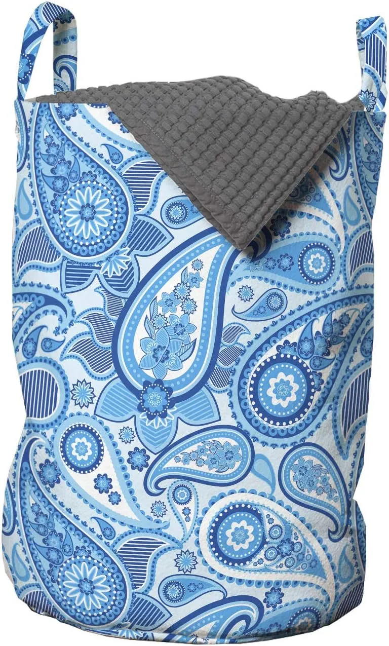 Ambesonne Blue Paisley Laundry Bag, Rhythmic Buta Elements with Floral Ornaments Illustration Print, Hamper Basket with Handles Drawstring Closure for Laundromats, 13" x 19", Cobalt Blue Azure Blue