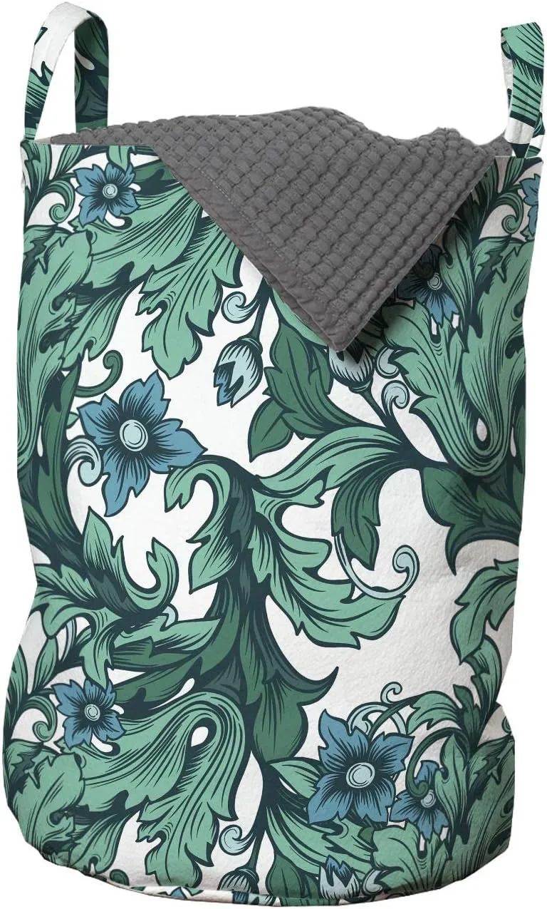 Ambesonne Botanical Laundry Bag, Rhythmic Art Deco Style Curvy Flowers Ivy Look Leaves Blossom Beauty, Hamper Basket with Handles Drawstring Closure for Laundromats, 13" x 19", Sea Blue and Jade Green