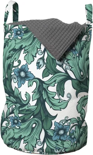 Ambesonne Botanical Laundry Bag, Rhythmic Art Deco Style Curvy Flowers Ivy Look Leaves Blossom Beauty, Hamper Basket with Handles Drawstring Closure for Laundromats, 13" x 19", Sea Blue and Jade Green