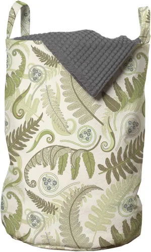 Ambesonne Botany Laundry Bag, Fern Leaves Curlicue Botanical Adornments Print on Pastel Background, Hamper Basket with Handles Drawstring Closure for Laundromats, 13" x 19", Eggshell and Dark Tan