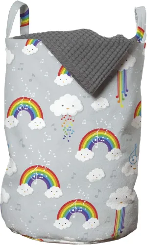 Ambesonne Cartoon Laundry Bag, Colorful Cartoon of Clouds Rainbow and Music Notes Interpretation, Hamper Basket with Handles Drawstring Closure for Laundromats, 13" x 19", Pale Grey and Multicolor