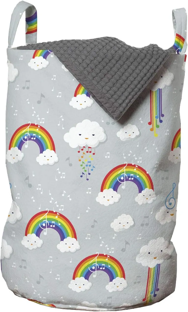 Ambesonne Cartoon Laundry Bag, Colorful Cartoon of Clouds Rainbow and Music Notes Interpretation, Hamper Basket with Handles Drawstring Closure for Laundromats, 13" x 19", Pale Grey and Multicolor