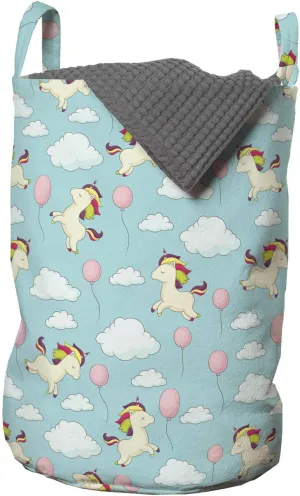 Ambesonne Cartoon Laundry Bag, Unicorn with Rainbow Mane Flying Through Fluffy Clouds and Balloons, Hamper Basket with Handles Drawstring Closure for Laundromats, 13" x 19", Turquoise Multicolor