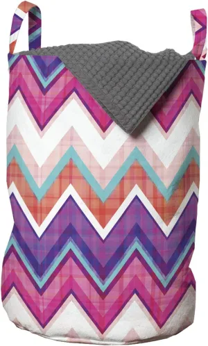 Ambesonne Chevron Laundry Bag, Chevron Motifs Colorful Design with Variable Angles Parallel Lines Groovy Art, Hamper Basket with Handles Drawstring Closure for Laundromats, 13" x 19", Multicolor