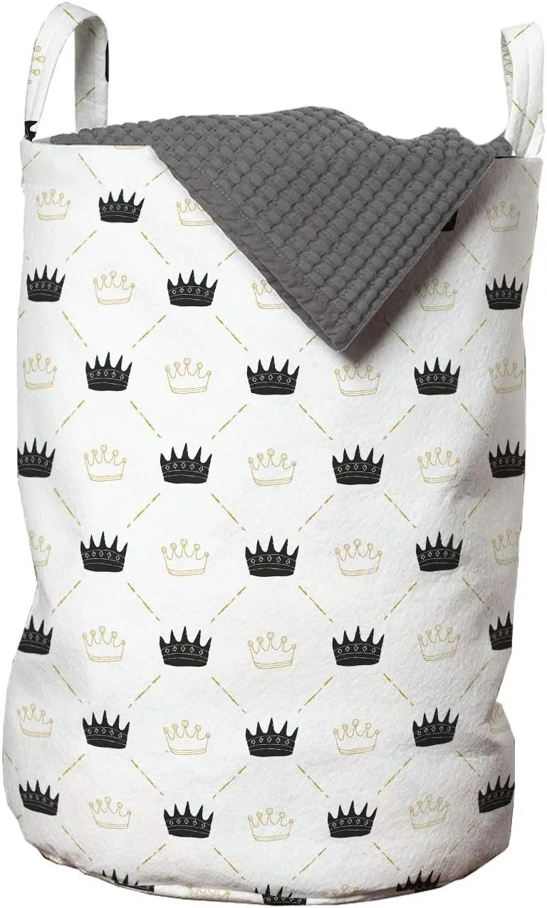 Ambesonne Crown Laundry Bag, Ornamental Connected Headwear Elements in Bicolor Forming Rhombus, Hamper Basket with Handles Drawstring Closure for Laundromats, 13" x 19", Charcoal Grey and Pale Camel