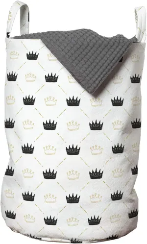 Ambesonne Crown Laundry Bag, Ornamental Connected Headwear Elements in Bicolor Forming Rhombus, Hamper Basket with Handles Drawstring Closure for Laundromats, 13" x 19", Charcoal Grey and Pale Camel