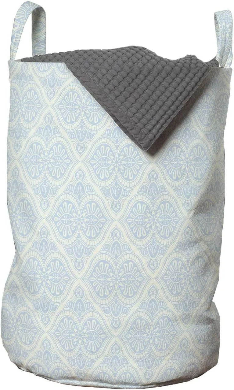 Ambesonne Damask Laundry Bag, Rhythmic Floral Leaves Botanical Monochrome Pastel Tones Classy Pattern, Hamper Basket with Handles Drawstring Closure for Laundromats, 13" x 19", Eggshell Pale Blue