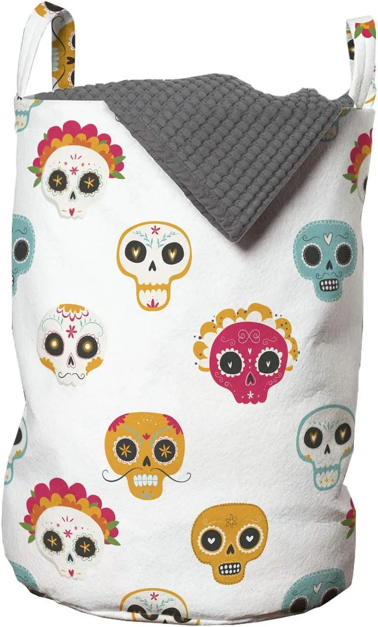 Ambesonne Dia De Los Muertos Laundry Bag, Ornamental Skull Designs Traditional Pattern on Plain Backdrop, Hamper Basket with Handles Drawstring Closure for Laundromats, 13" x 19", Multicolor
