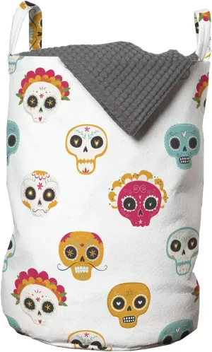 Ambesonne Dia De Los Muertos Laundry Bag, Ornamental Skull Designs Traditional Pattern on Plain Backdrop, Hamper Basket with Handles Drawstring Closure for Laundromats, 13" x 19", Multicolor