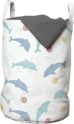 Ambesonne Dolphin Laundry Bag, Rhythmic Playful Big Fish with Balls in Outline Style and Pastel Colors, Hamper Basket with Handles Drawstring Closure for Laundromats, 13" x 19", Multicolor