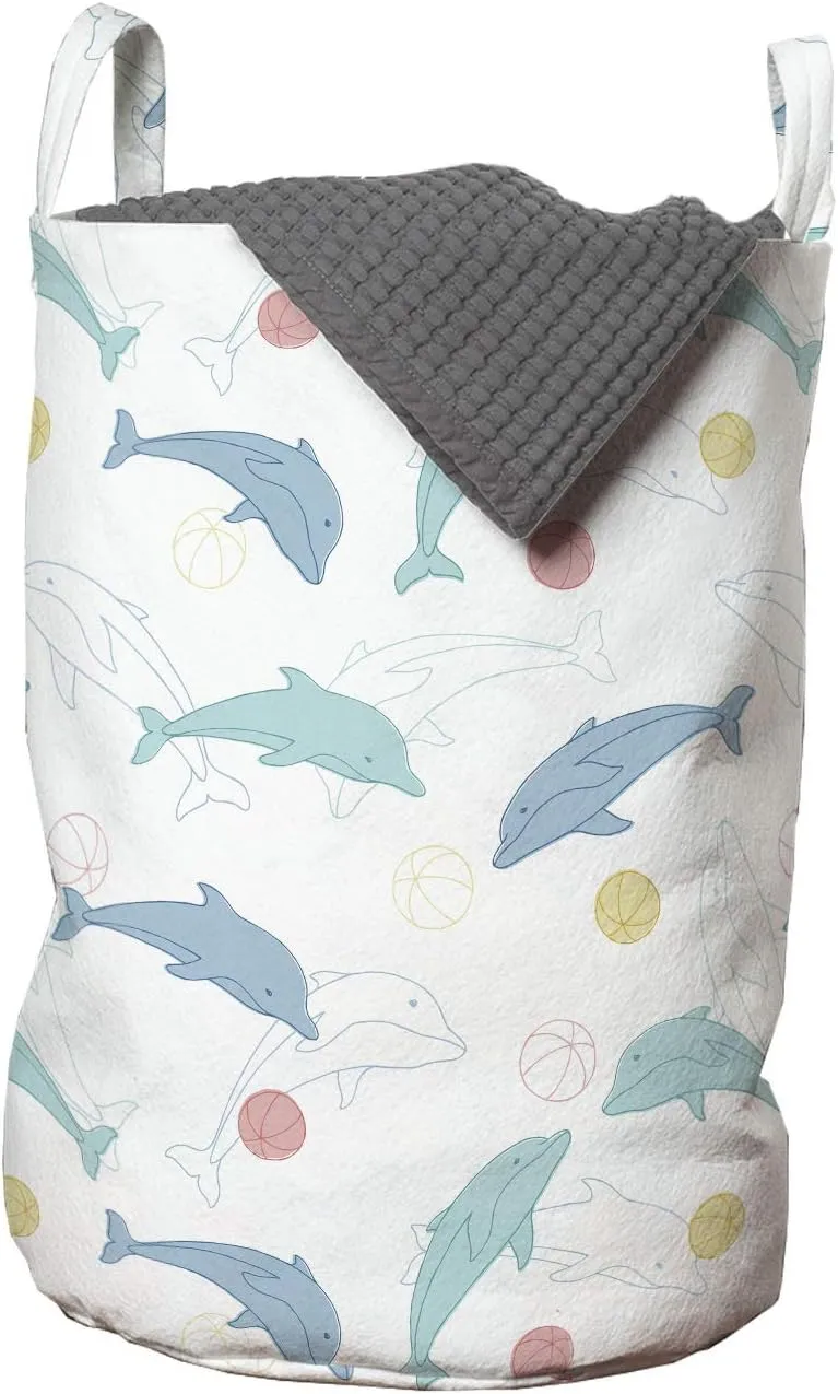 Ambesonne Dolphin Laundry Bag, Rhythmic Playful Big Fish with Balls in Outline Style and Pastel Colors, Hamper Basket with Handles Drawstring Closure for Laundromats, 13" x 19", Multicolor