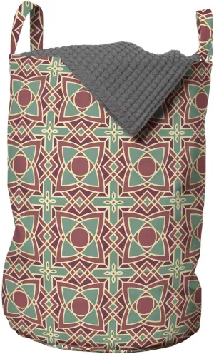 Ambesonne Ethnic Laundry Bag, Framework with Wide Petals Oriental Nature in Full Swing Entangled, Hamper Basket with Handles Drawstring Closure for Laundromats, 13" x 19", Maroon Pink Almond Green