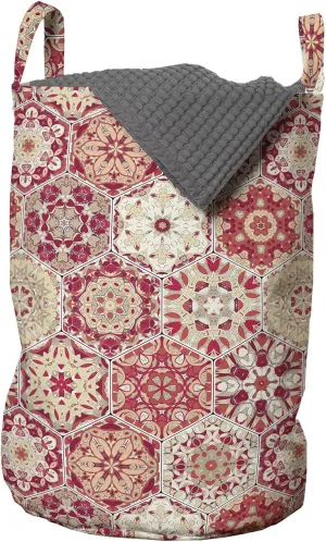 Ambesonne Ethnic Laundry Bag, Hexagonal Moroccan Bohemian Culture Traditional Mosaic Tiles Pattern Print, Hamper Basket with Handles Drawstring Closure for Laundromats, 13" x 19", Ruby Peach and Beige