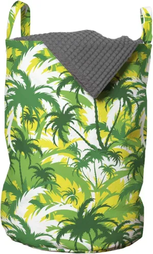 Ambesonne Exotic Laundry Bag, Refreshing Hawaiian Palm Trees in Various Green Tones, Hamper Basket with Handles Drawstring Closure for Laundromats, 13" x 19", Shamrock Green Yellow