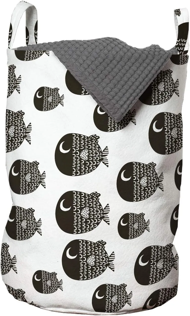 Ambesonne Fish Laundry Bag, Ornamental Fishes Marine Scandinavian Playroom Caricature, Hamper Basket with Handles Drawstring Closure for Laundromats, 13" x 19", White Black