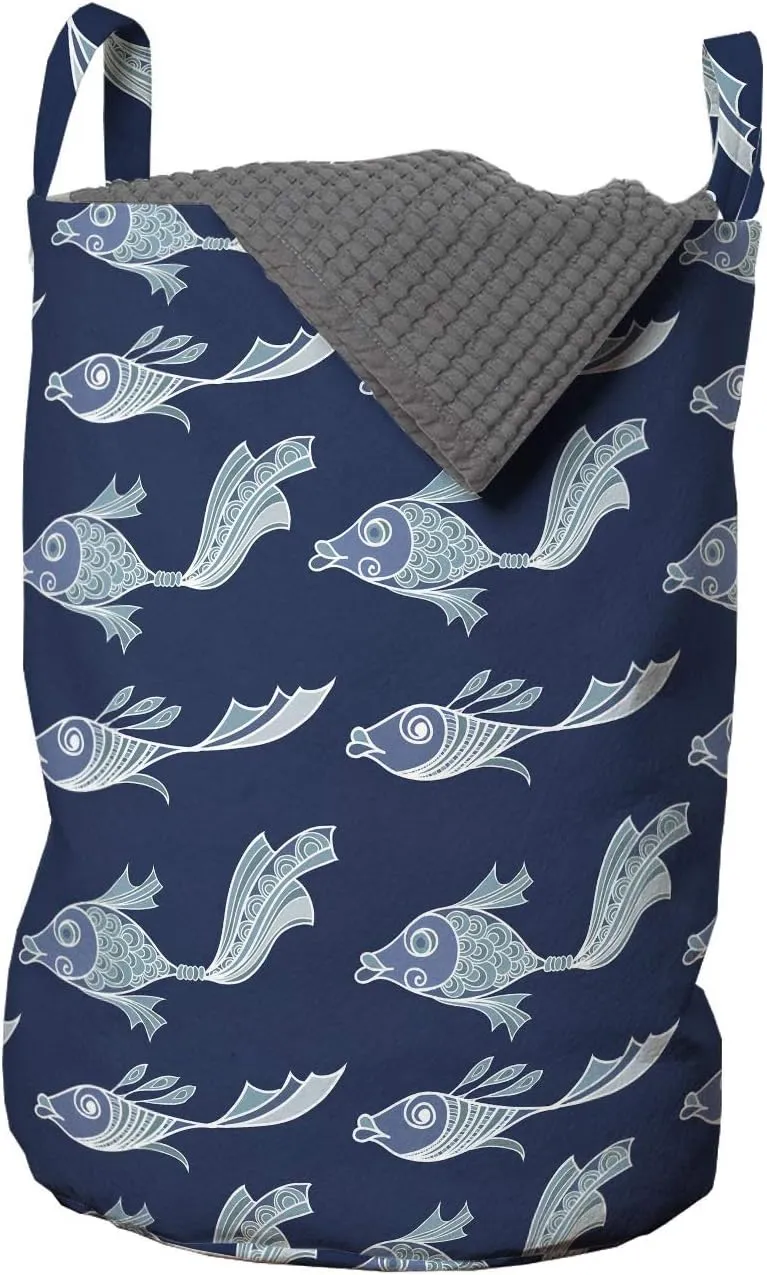 Ambesonne Fish Laundry Bag, Ornamental of The Underwater Fantasy World, Hamper Basket with Handles Drawstring Closure for Laundromats, 13" x 19", Night Blue Pale Seafoam