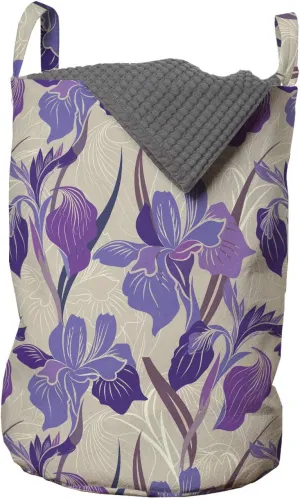 Ambesonne Floral Laundry Bag, Digital Interpretation of Blooming Flowers, Hamper Basket with Handles Drawstring Closure for Laundromats, 13" x 19", Pale Tan Violet